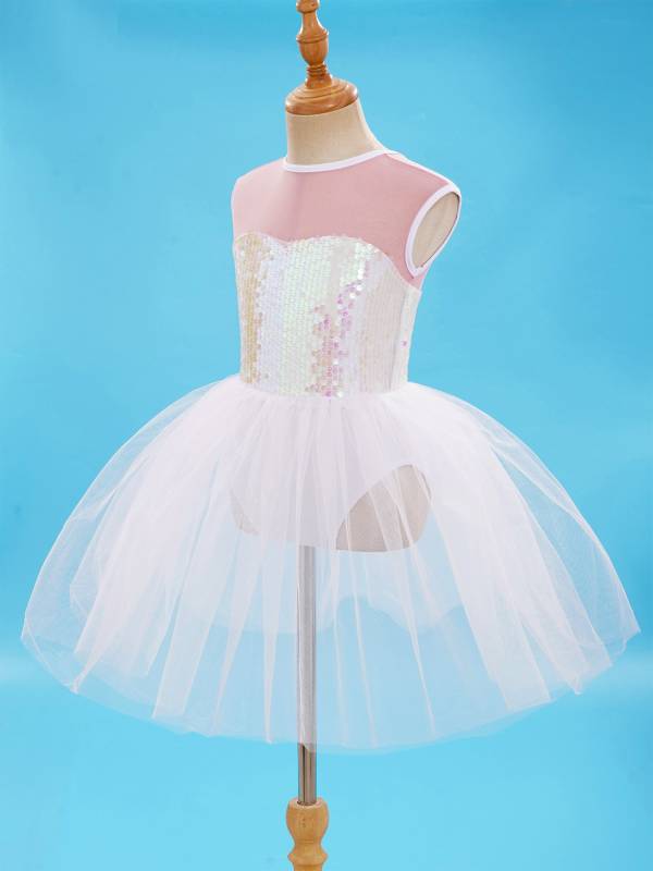 Kids Girls Sleeveless Sequins Mesh Skirt Jazz Dance Dress thumb