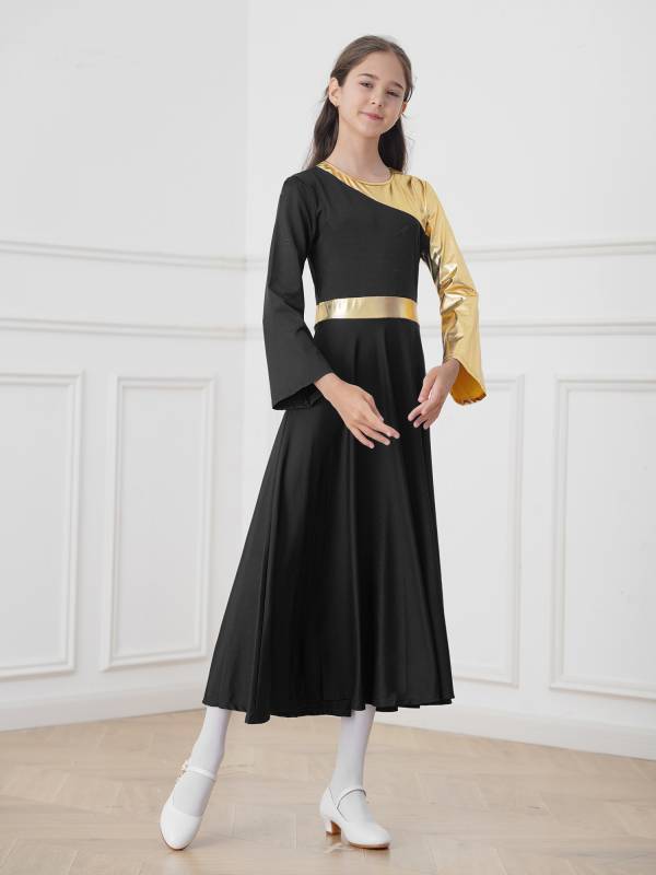 Kids Girls Bell Sleeve Praise Church Worship Dance Loose Midi Dress thumb