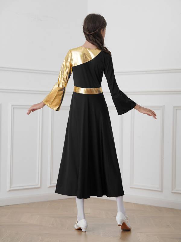 Kids Girls Bell Sleeve Praise Church Worship Dance Loose Midi Dress thumb