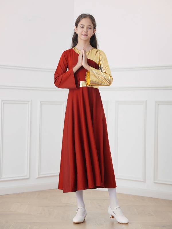 Kids Girls Bell Sleeve Praise Church Worship Dance Loose Midi Dress thumb