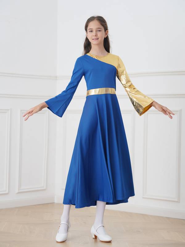 Kids Girls Bell Sleeve Praise Church Worship Dance Loose Midi Dress thumb