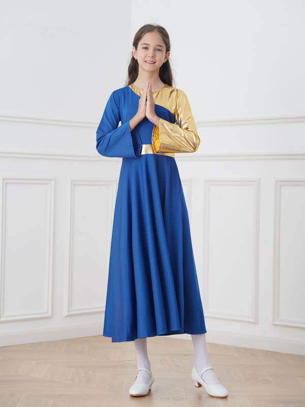Kids Girls Bell Sleeve Praise Church Worship Dance Loose Midi Dress thumb