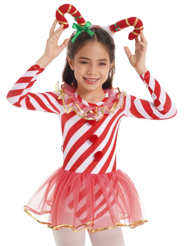 Kids Girls Christmas Elf Costume Long Sleeves Stripes Sequins Mesh Tutu Dress thumb