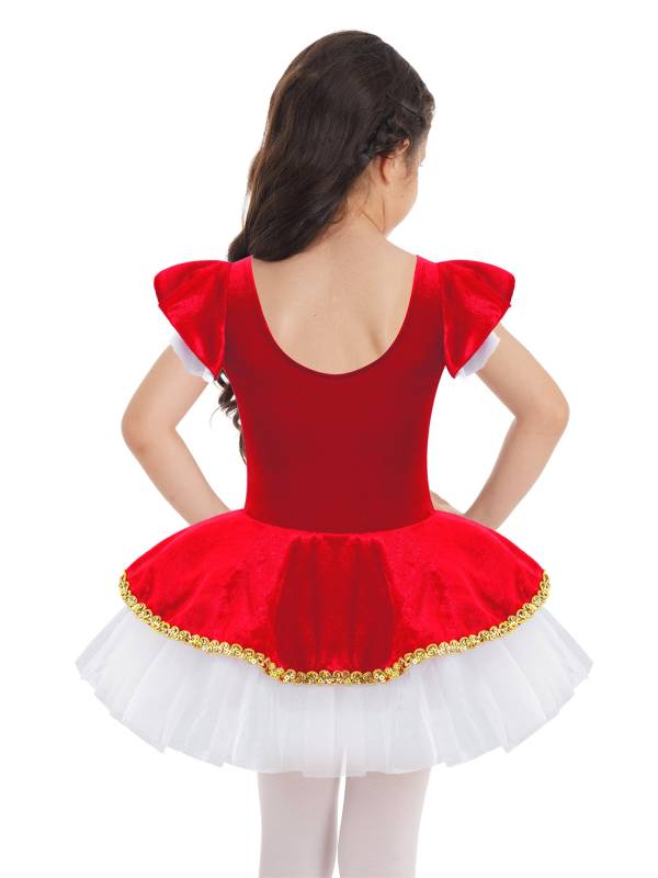 Kids Girls Square Neck Short Sleeves Sequin Leotard Dress thumb