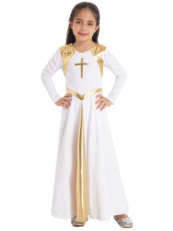 Kids Girls Long Sleeve Cross Pattern Church Worship Praise Dress thumb