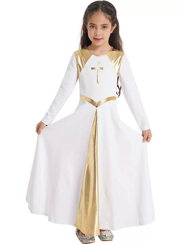 Kids Girls Long Sleeve Cross Pattern Church Worship Praise Dress thumb