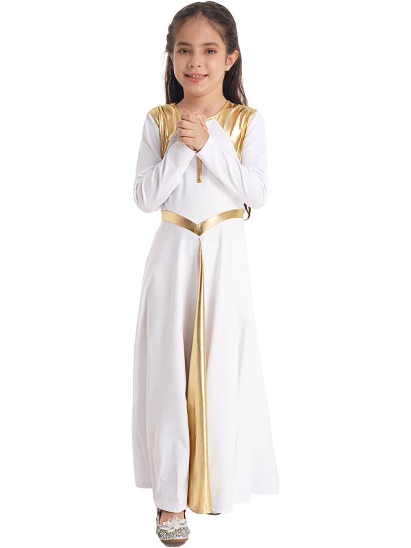 Kids Girls Long Sleeve Cross Pattern Church Worship Praise Dress thumb