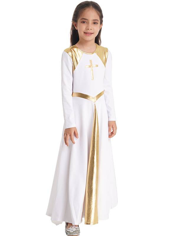 Kids Girls Long Sleeve Cross Pattern Church Worship Praise Dress thumb