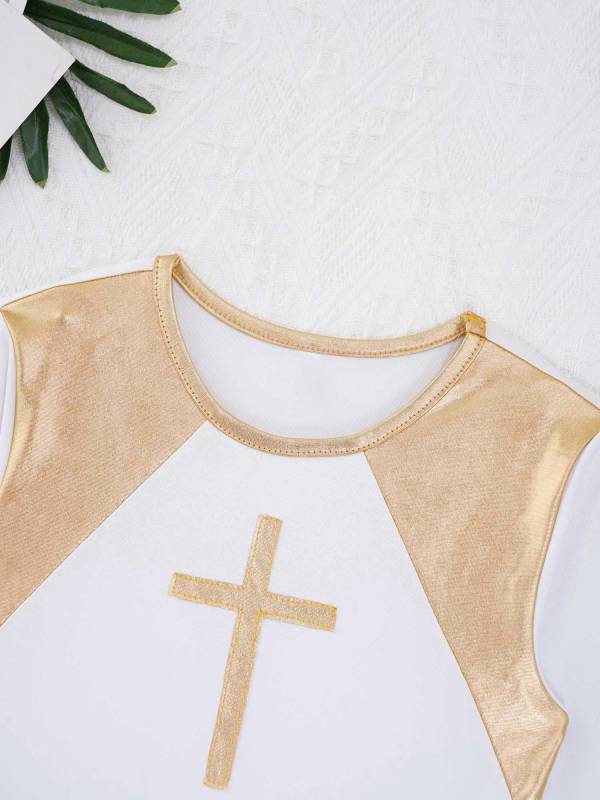 Kids Girls Long Sleeve Cross Pattern Church Worship Praise Dress thumb