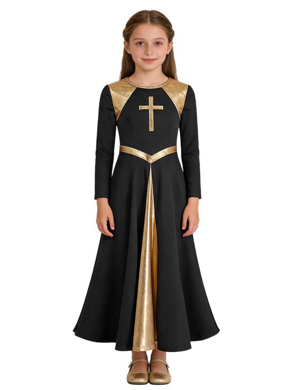 Kids Girls Long Sleeve Cross Pattern Liturgical Praise Dance Dress Choir Robe thumb
