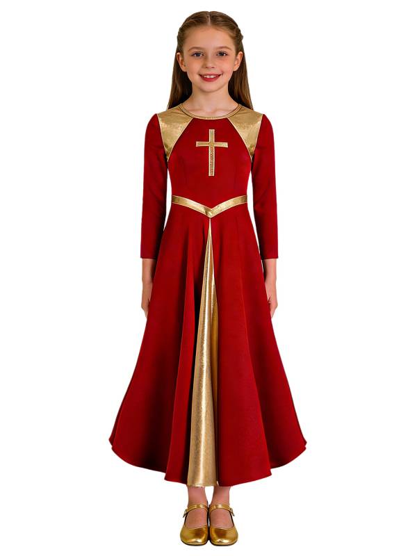 Kids Girls Long Sleeve Cross Pattern Liturgical Praise Dance Dress Choir Robe thumb