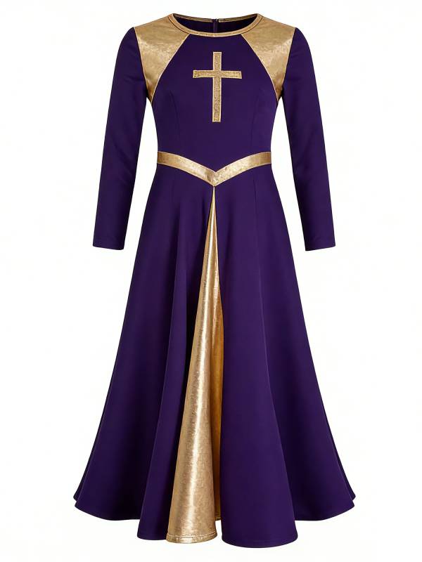 Kids Girls Long Sleeve Cross Pattern Liturgical Praise Dance Dress Choir Robe thumb