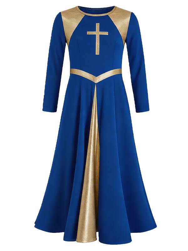 Kids Girls Long Sleeve Cross Pattern Liturgical Praise Dance Dress Choir Robe thumb