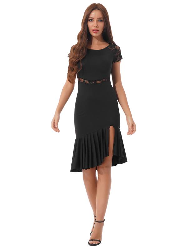 Women Floral Lace Side Slit Latin Jazz Dance Dress thumb