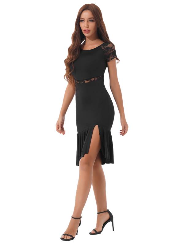 Women Floral Lace Side Slit Latin Jazz Dance Dress thumb