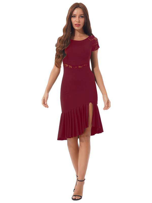 Women Floral Lace Side Slit Latin Jazz Dance Dress thumb