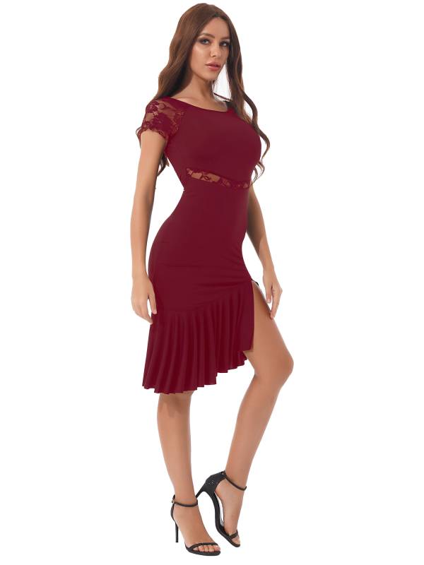 Women Floral Lace Side Slit Latin Jazz Dance Dress thumb