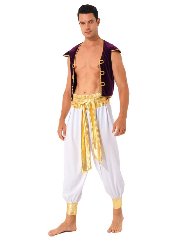Men 2pcs Arabian Prince Costume Cap Sleeve Vest and Pants Set thumb