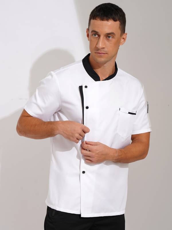 Men Oblique Collar Short Sleeve Chef Shirt thumb