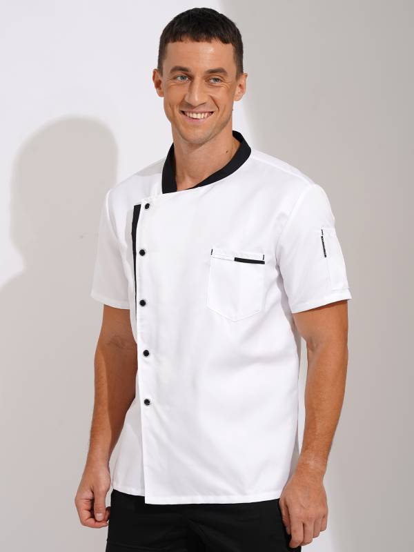 Men Oblique Collar Short Sleeve Chef Shirt thumb