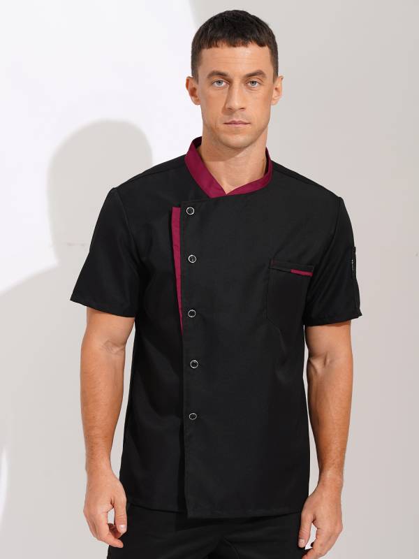 Men Oblique Collar Short Sleeve Chef Shirt thumb