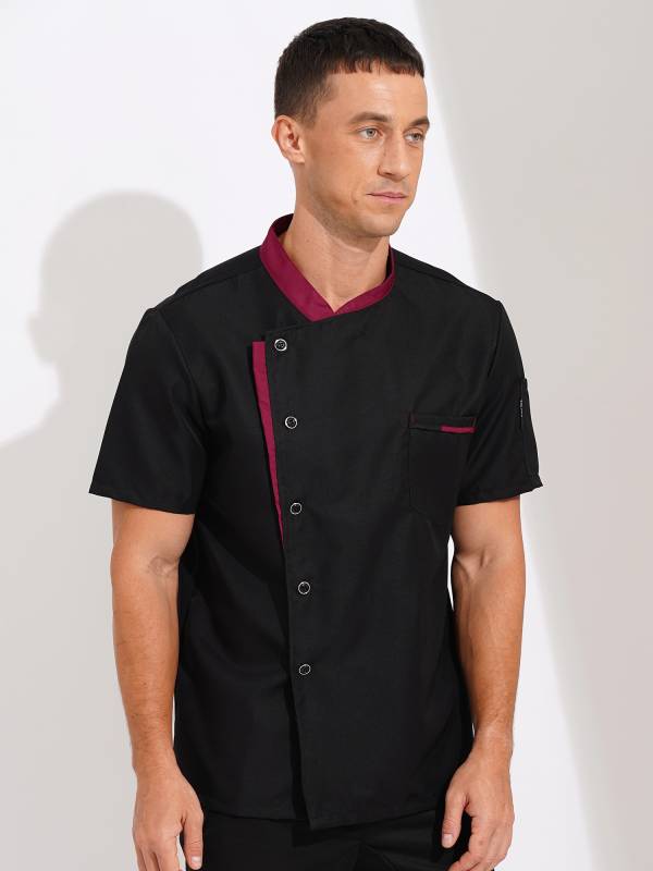 Men Oblique Collar Short Sleeve Chef Shirt thumb