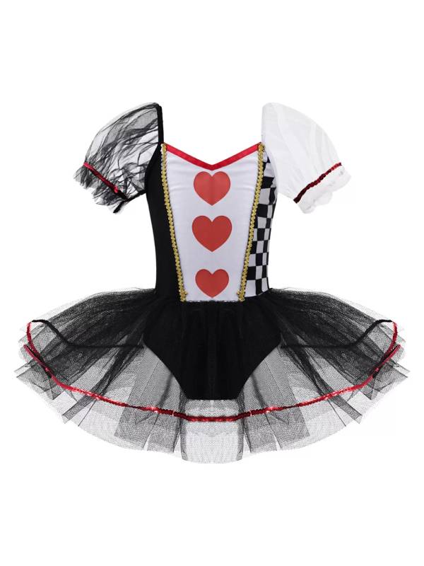 Kids Girls Puff Sleeves Hearts and Checkboard Print Mesh Tutu Dress thumb