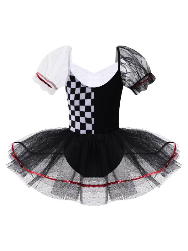 Kids Girls Puff Sleeves Hearts and Checkboard Print Mesh Tutu Dress thumb