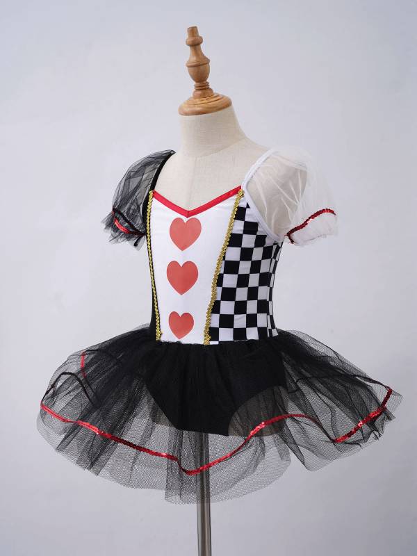 Kids Girls Puff Sleeves Hearts and Checkboard Print Mesh Tutu Dress thumb