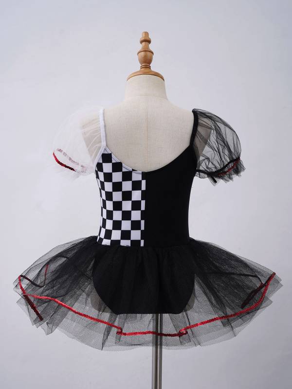 Kids Girls Puff Sleeves Hearts and Checkboard Print Mesh Tutu Dress thumb