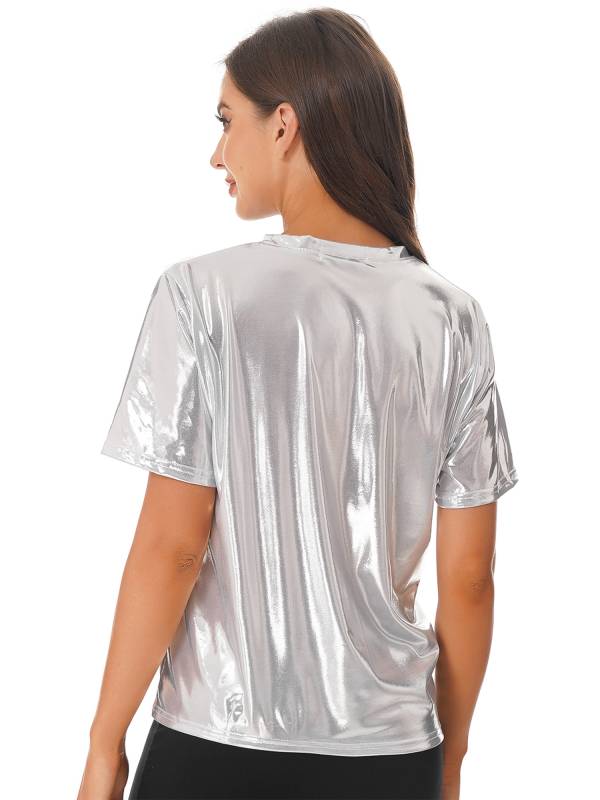 Women Metallic Short Sleeve T-shirt for Dance Party thumb