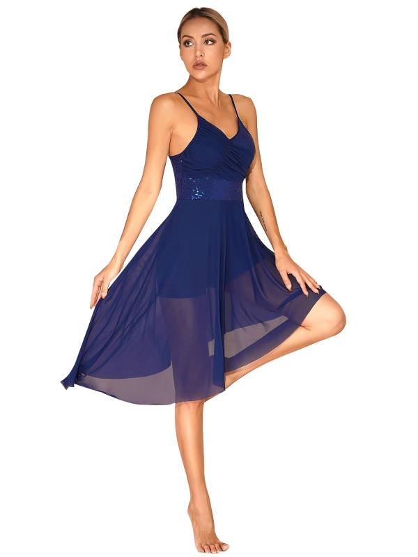 Women Sparkly Sequin V Neck Lyrical Contemporary Dance Dress thumb