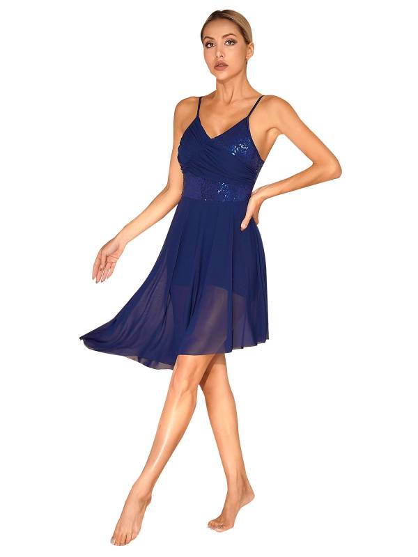Women Sparkly Sequin V Neck Lyrical Contemporary Dance Dress thumb