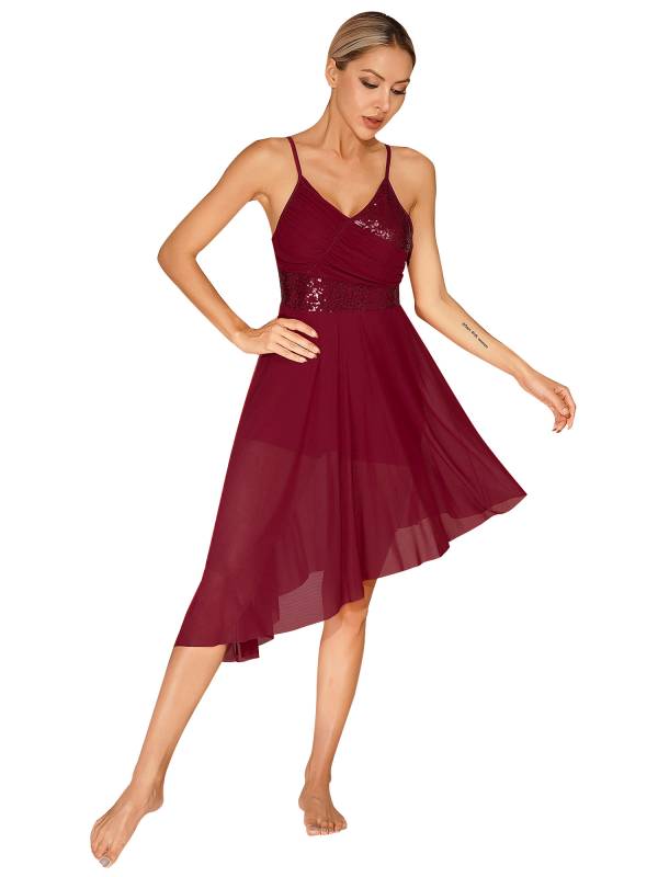 Women Sparkly Sequin V Neck Lyrical Contemporary Dance Dress thumb