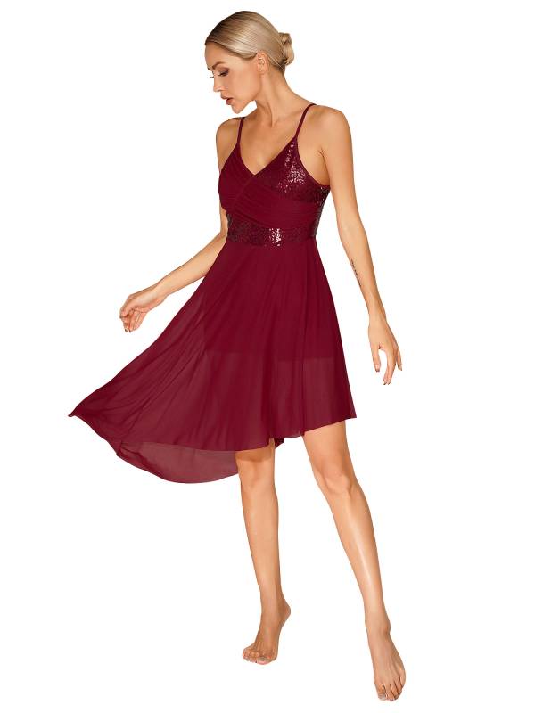 Women Sparkly Sequin V Neck Lyrical Contemporary Dance Dress thumb