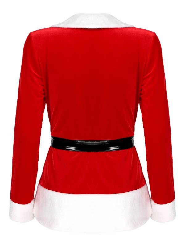 Women Christmas Santa Costume V Neck Long Sleeves Colorblock Coat with Belt thumb