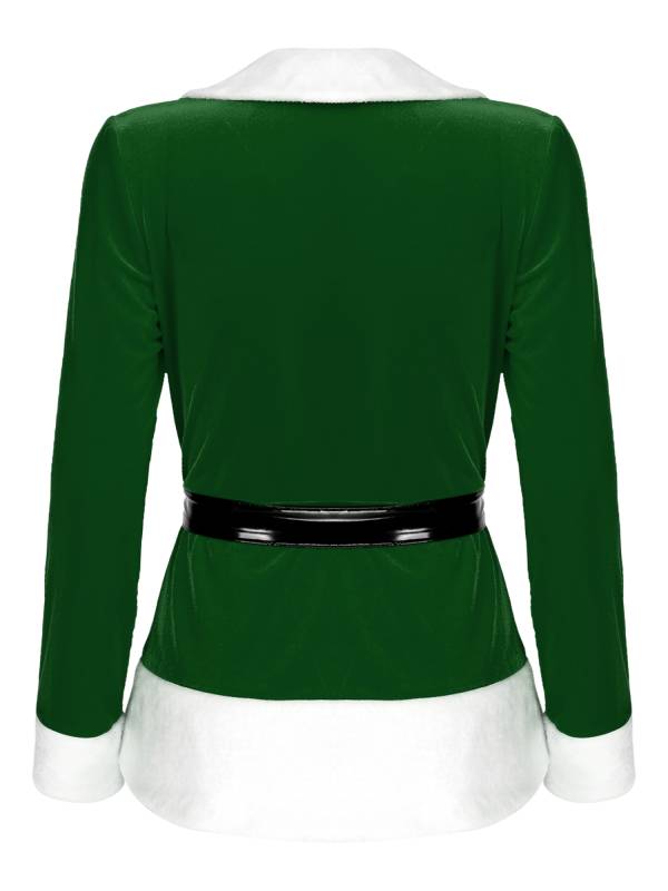 Women Christmas Santa Costume V Neck Long Sleeves Colorblock Coat with Belt thumb