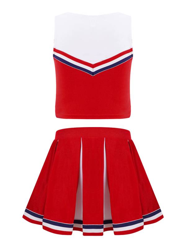 Kids Girls 2pcs V Neck Cheers Print Vest and Pleated Skirt Cheerleading Set thumb