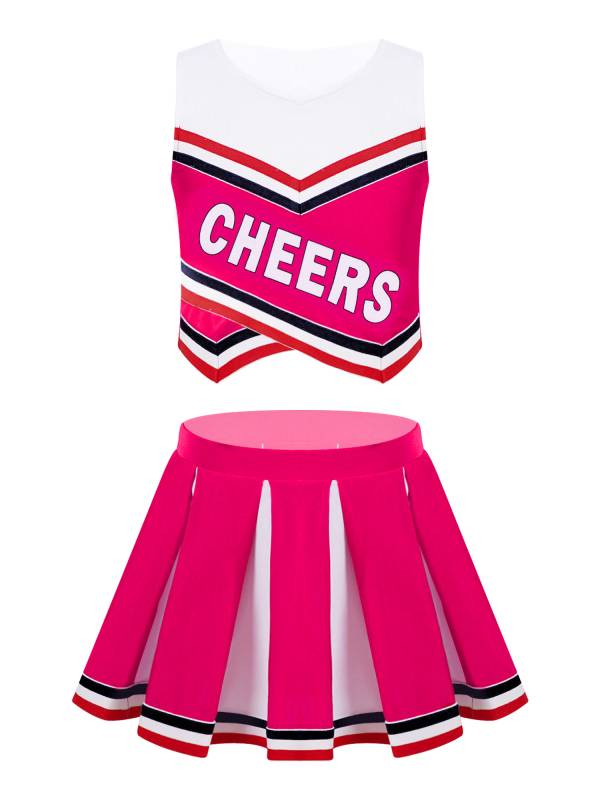 Kids Girls 2pcs V Neck Cheers Print Vest and Pleated Skirt Cheerleading Set thumb