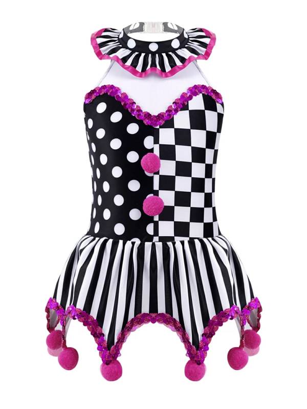 Kids Girls Circus Clown Costume Sleeveless Plaid Polka Dots Dress thumb