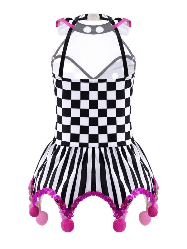 Kids Girls Circus Clown Costume Sleeveless Plaid Polka Dots Dress thumb