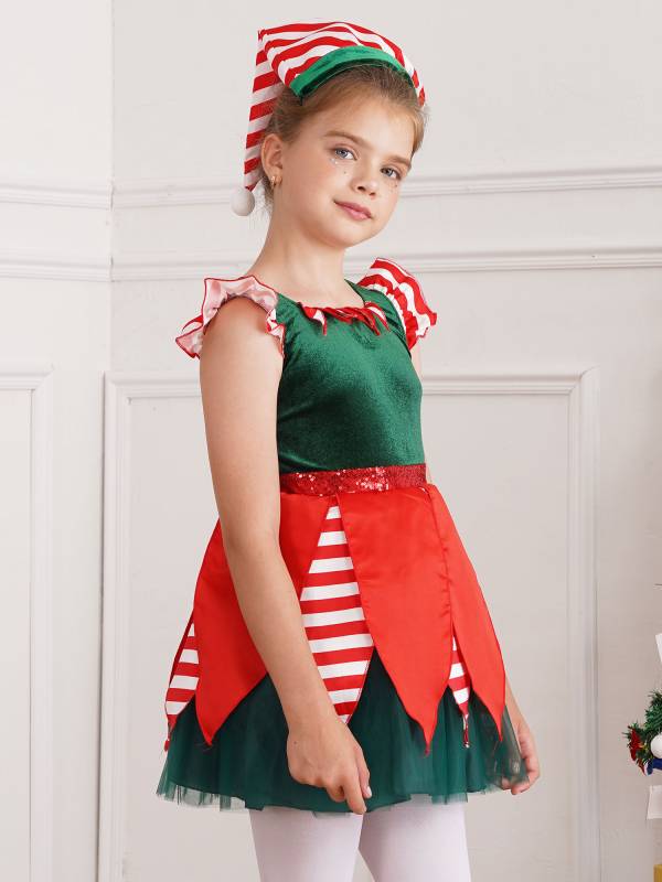 Kids Girls Christmas Cap Sleeve Sequins Stripes Velvet Tutu Dress with Hat thumb