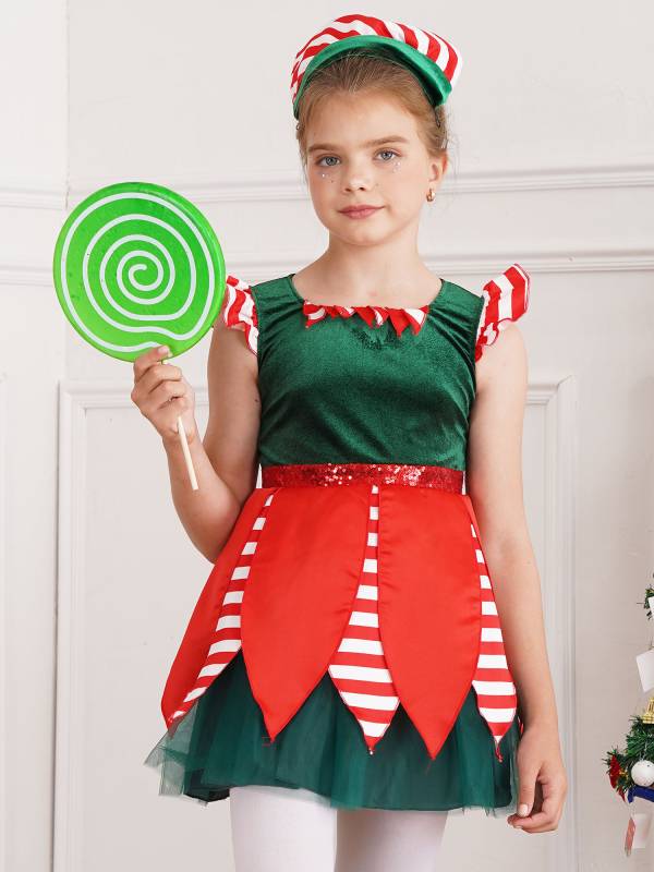 Kids Girls Christmas Cap Sleeve Sequins Stripes Velvet Tutu Dress with Hat thumb