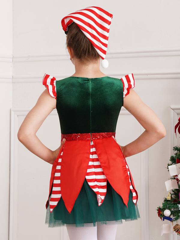 Kids Girls Christmas Cap Sleeve Sequins Stripes Velvet Tutu Dress with Hat thumb