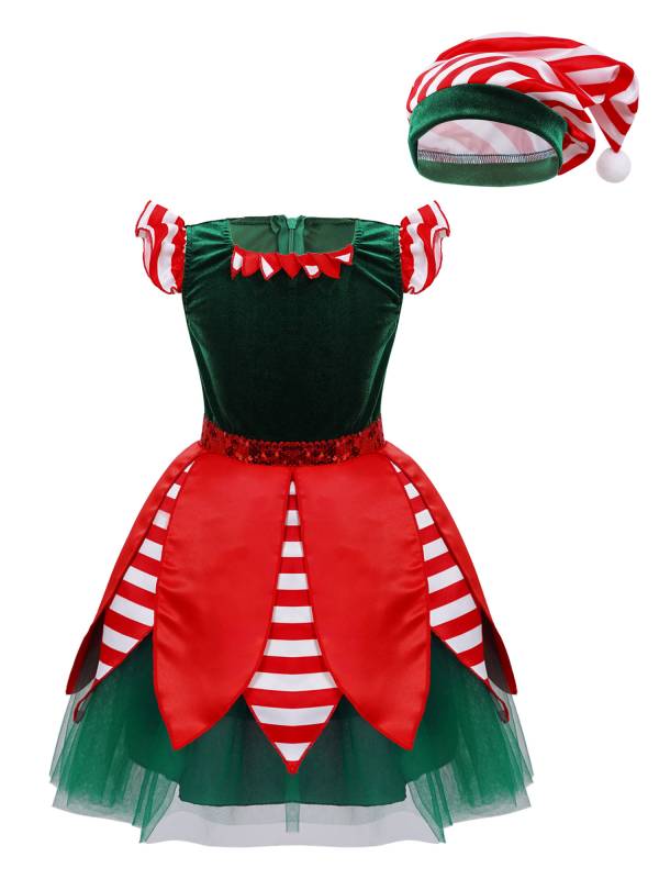 Kids Girls Christmas Cap Sleeve Sequins Stripes Velvet Tutu Dress with Hat thumb