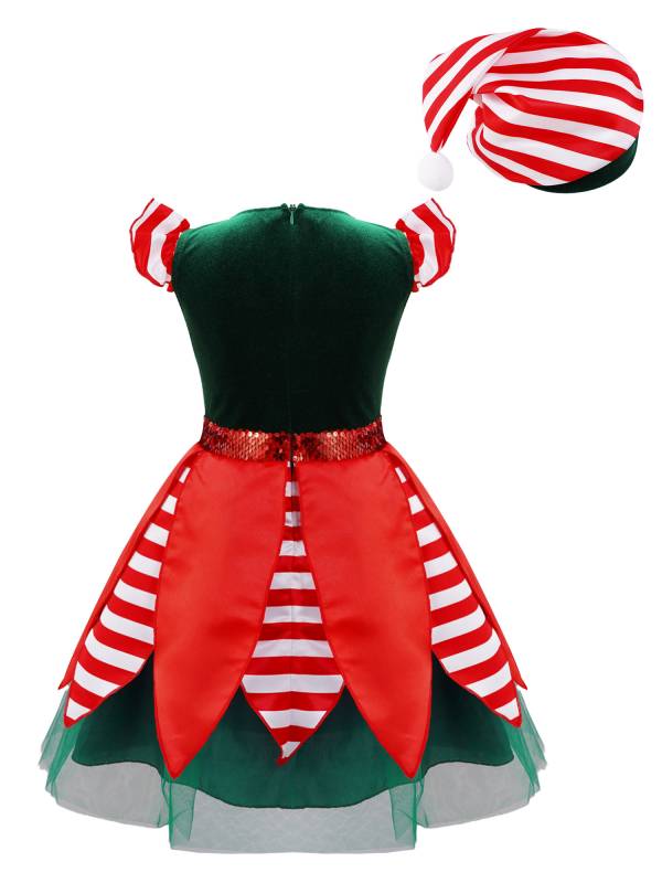 Kids Girls Christmas Cap Sleeve Sequins Stripes Velvet Tutu Dress with Hat thumb