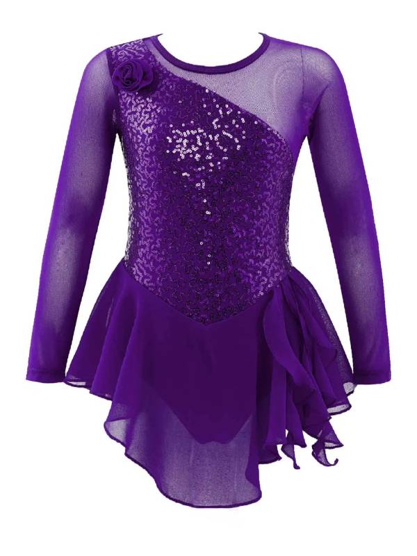Kids Girls Sequins Hollow Back Ballet Dance Skating Leotard Dress thumb