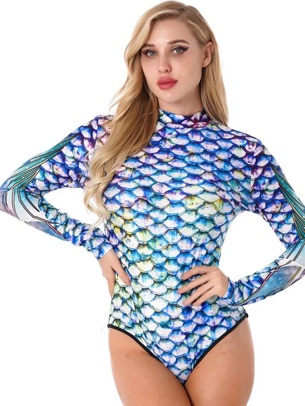 Women Long Sleeves 3D Print Mermaid Bodysuit One Piece Swimsuit thumb