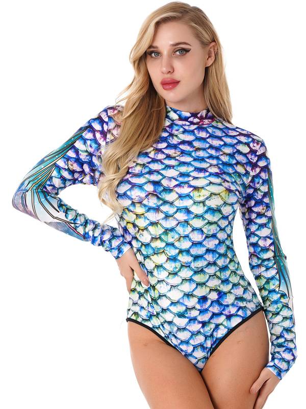 Women Long Sleeves 3D Print Mermaid Bodysuit One Piece Swimsuit thumb