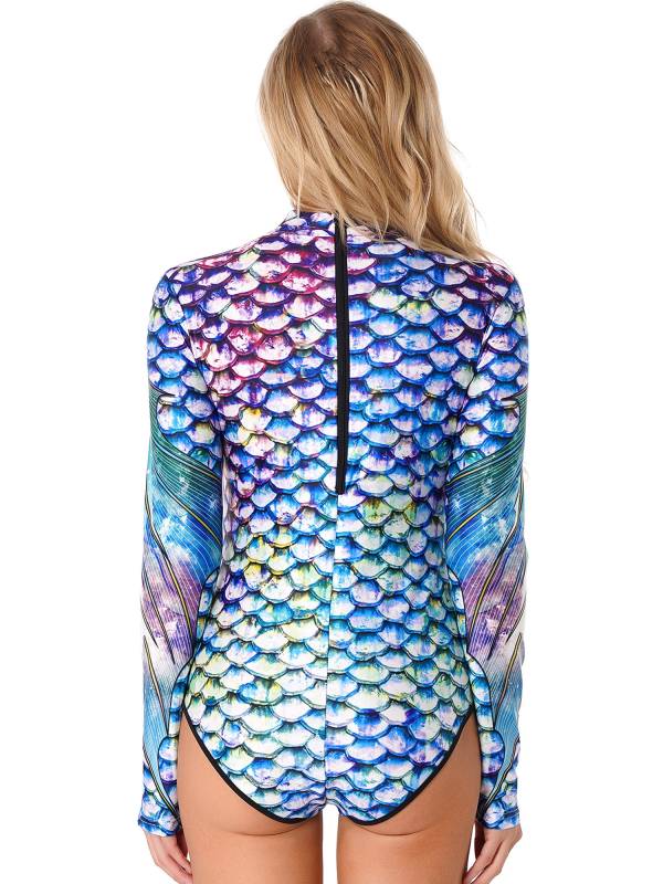 Women Long Sleeves 3D Print Mermaid Bodysuit One Piece Swimsuit thumb
